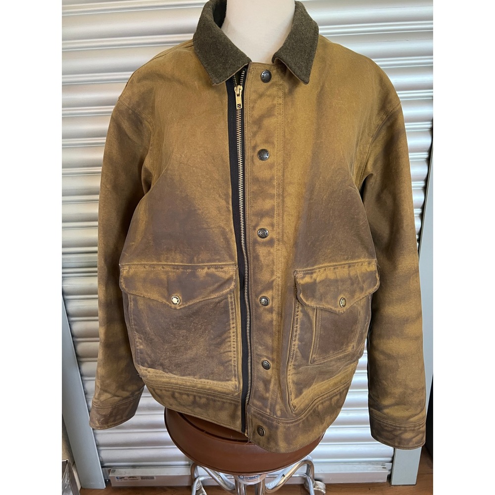Filson Tin Cloth Field Jacket Mens Large Tan Waxed Cotton Wool Collar Coat